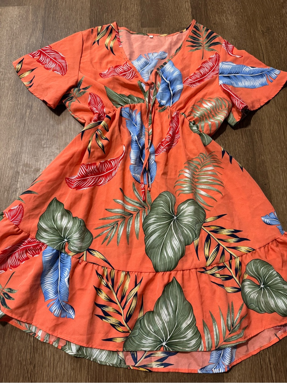 Tropical Leaf Print Women’s Dress Orange Green Size Large